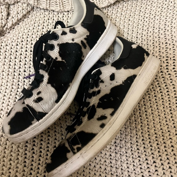 Adidas Stan Smith Black and White Fuzzy Cow Print Sneakers Women’s 7 - Picture 5 of 13